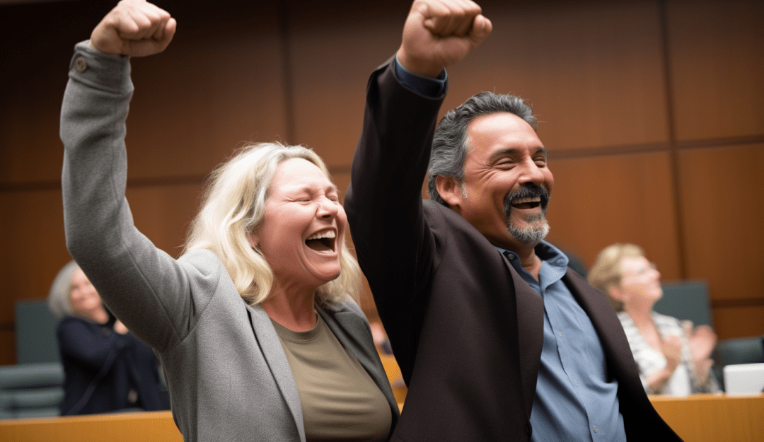 couple celebrating after winning tax appeal case in court