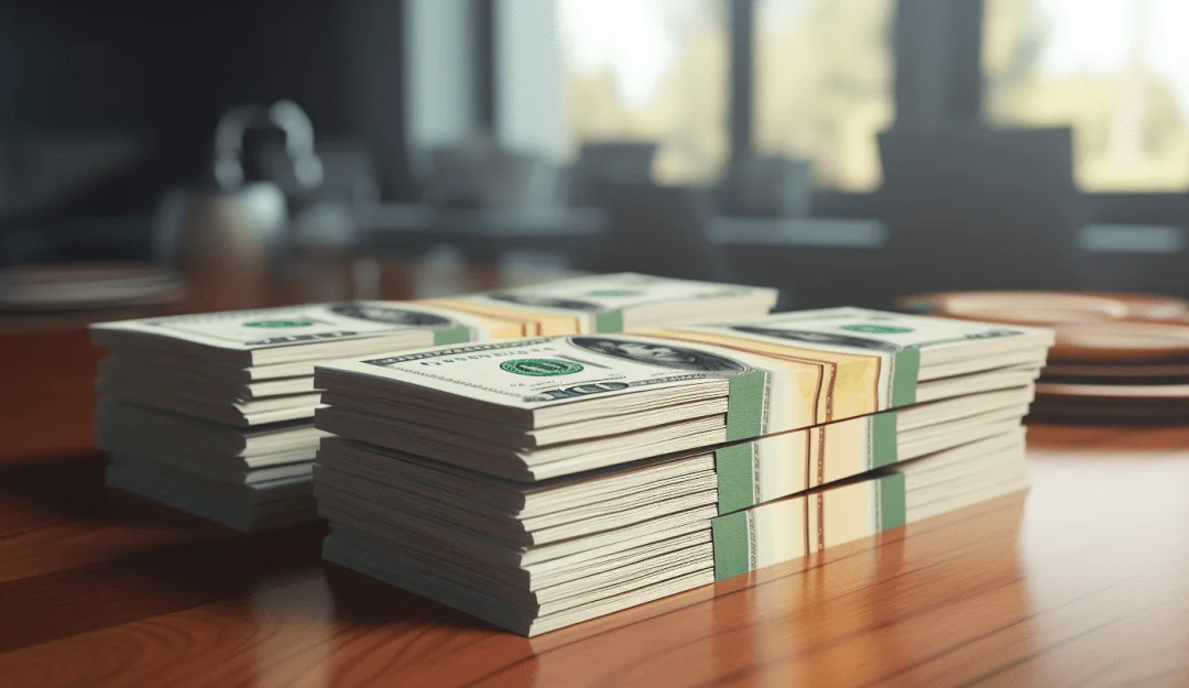 stacks of cash sitting on the kitchen table